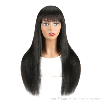 Brazilian Human Virgin Remy Hair Bangs Wig Vendor Wholesale Machine Made None Lace Glueless Wig Natural Black Customized Styles